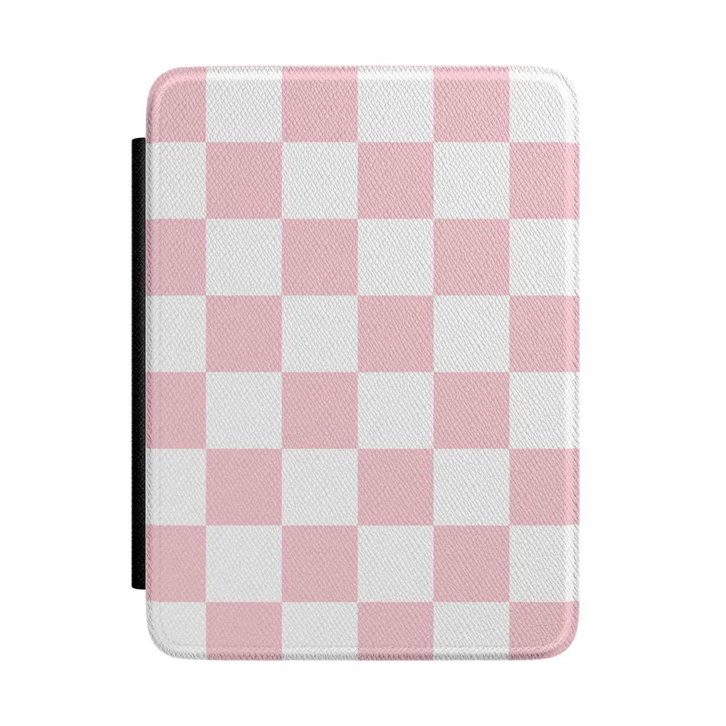 Soft pink and white checkerboard Kindle Paperwhite case front cover — Coquette Reader gift for her