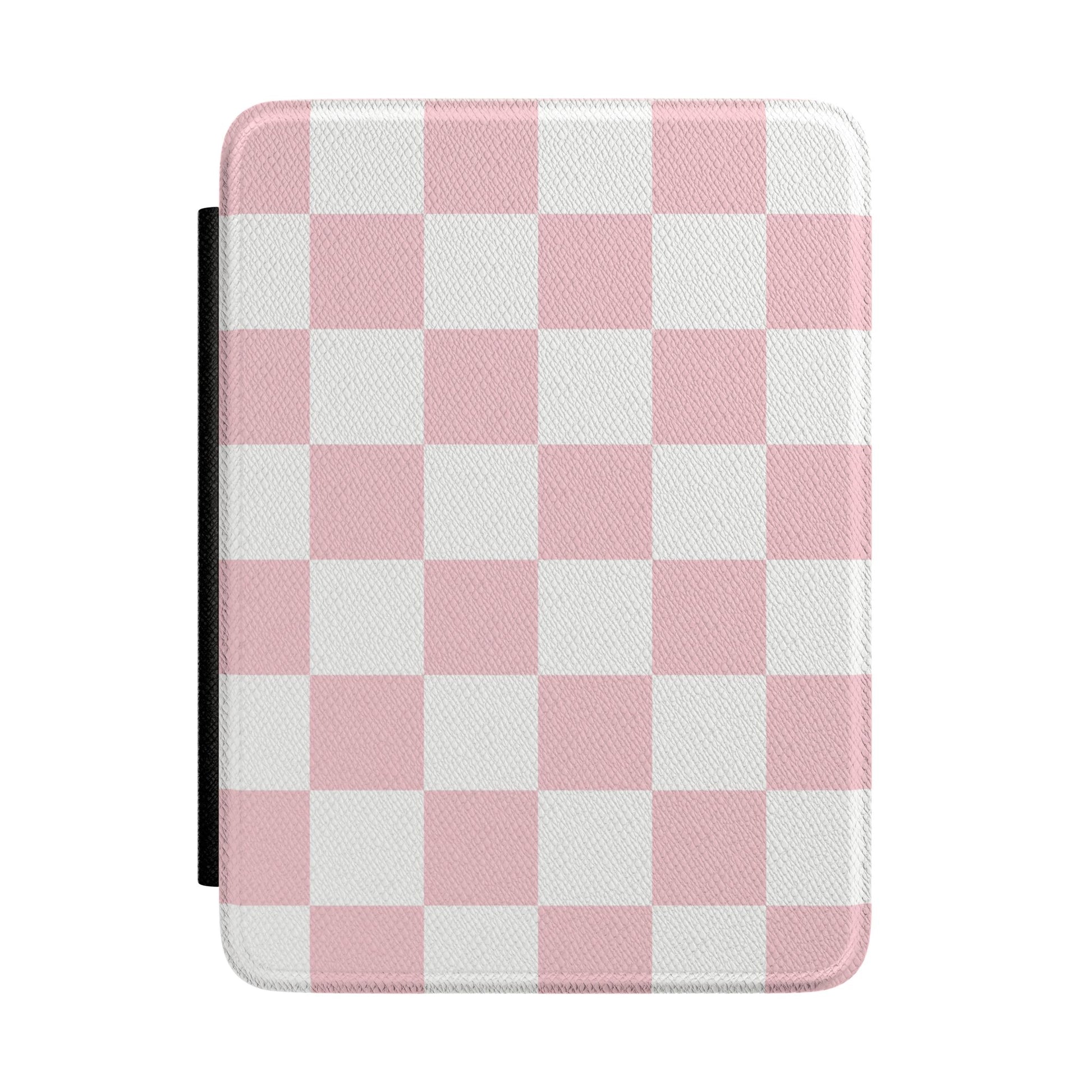 Soft pink and white checkerboard Kindle Paperwhite case front cover — Coquette Reader gift for her