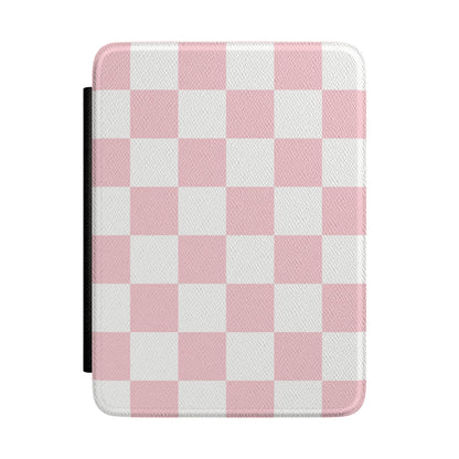 Soft pink and white checkerboard Kindle Paperwhite case front cover — Coquette Reader gift for her