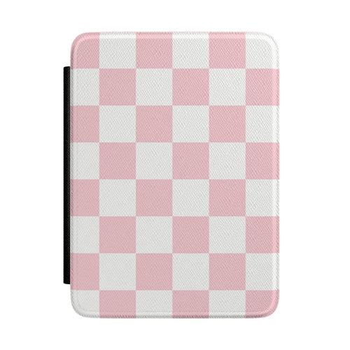 Soft pink and white checkerboard Kindle Paperwhite case front cover — Coquette Reader gift for her