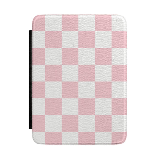 Soft pink and white checkerboard Kindle Paperwhite case front cover — Coquette Reader gift for her