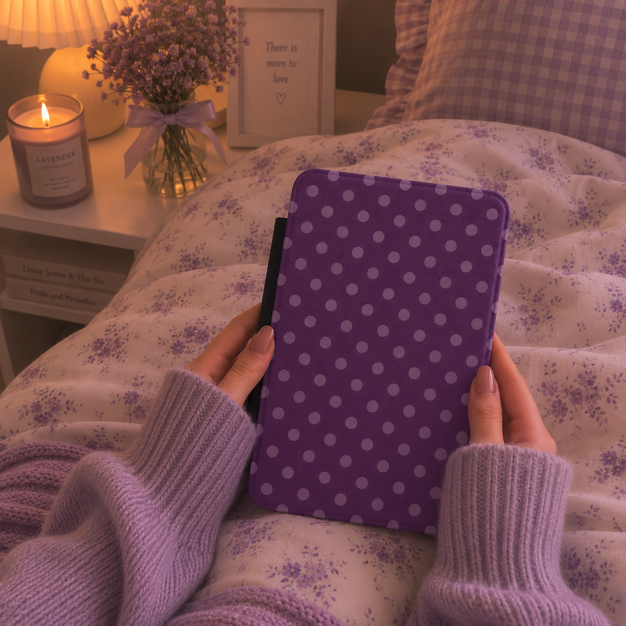 Plum polka dot Kindle case front cover close-up — Quiet Bookish lilac retro print