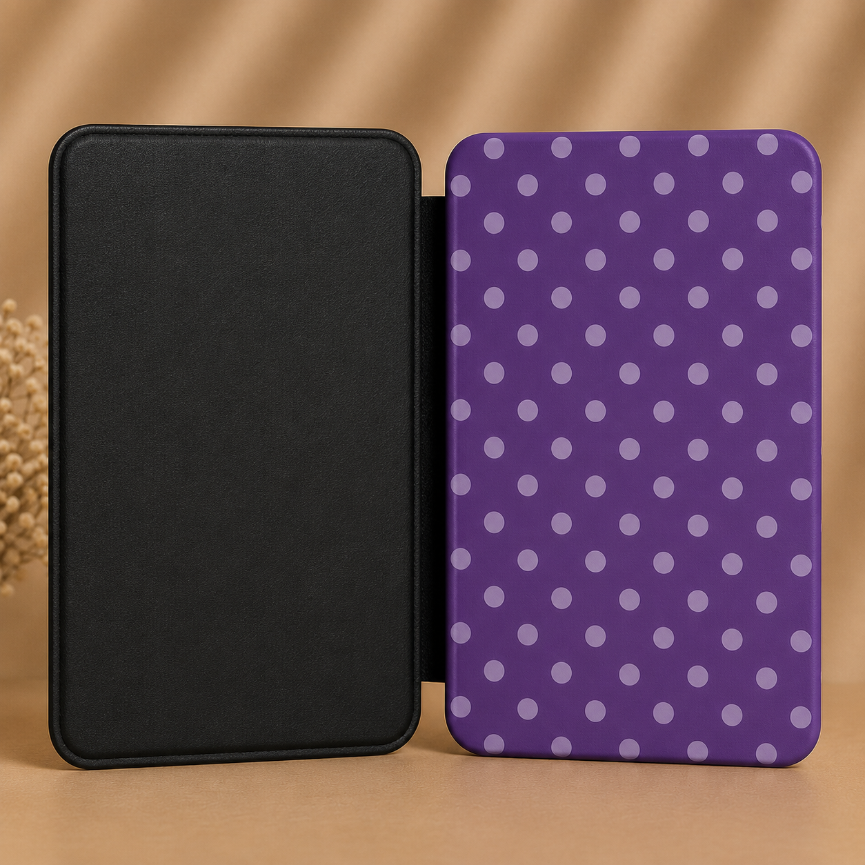 Plum polka dot Kindle case with elastic hand strap — Quiet Bookish lilac print
