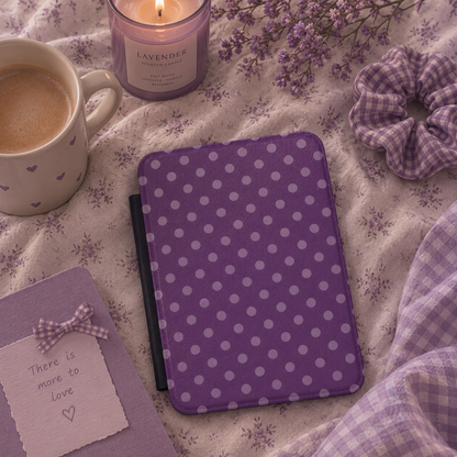 Plum polka dot Kindle case open showing black interior — Quiet Bookish lilac retro