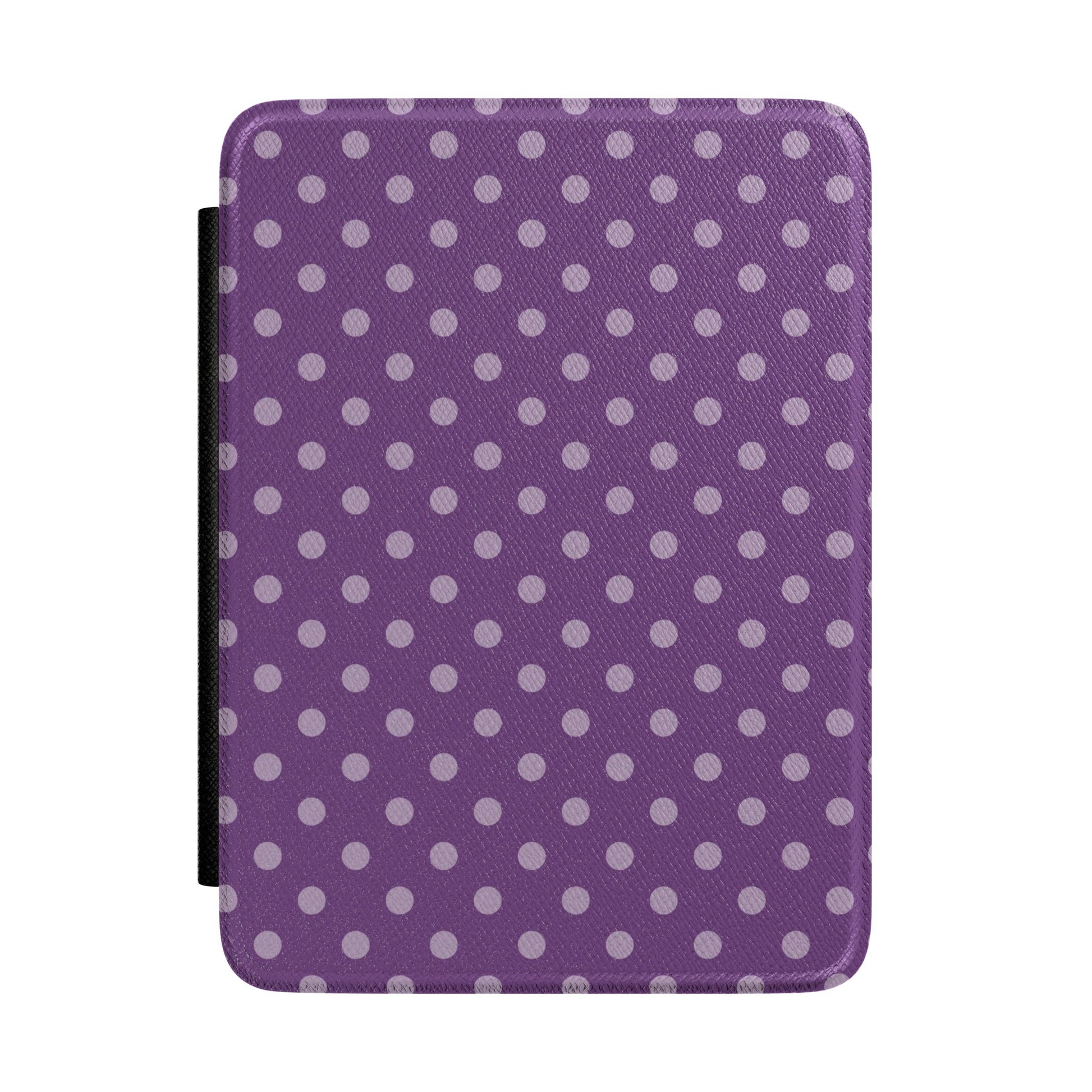 Deep plum purple Kindle Paperwhite case with pale lilac polka dots front cover — Quiet Bookish retro gift