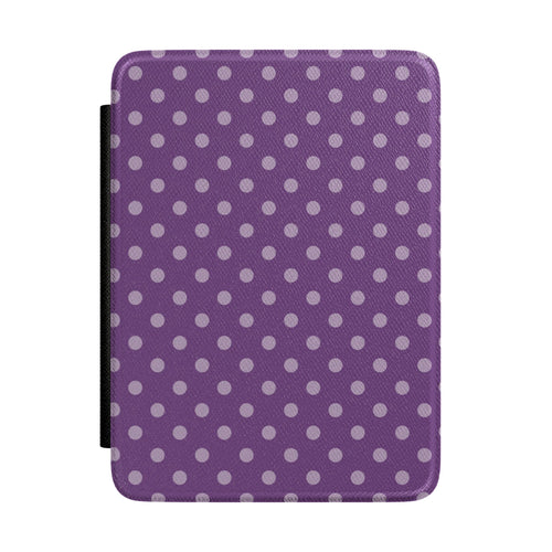 Deep plum purple Kindle Paperwhite case with pale lilac polka dots front cover — Quiet Bookish retro gift
