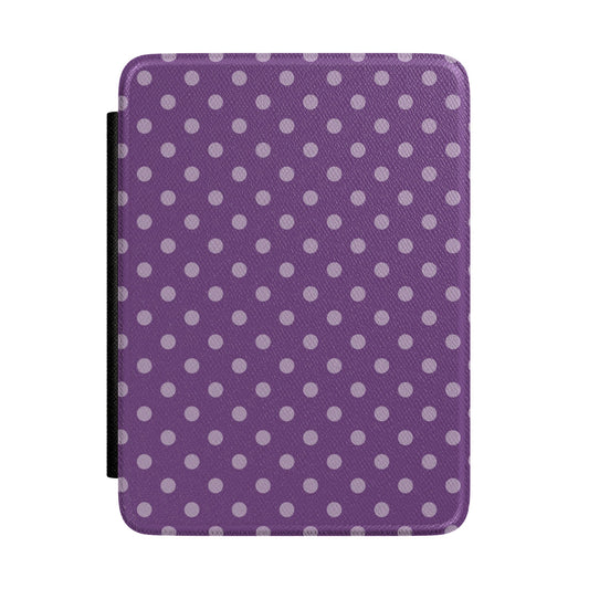 Deep plum purple Kindle Paperwhite case with pale lilac polka dots front cover — Quiet Bookish retro gift