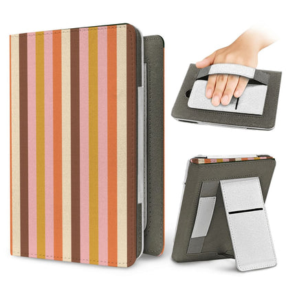 Retro Candy Stripe Kindle case — elastic hand strap and fold-out stand on the back