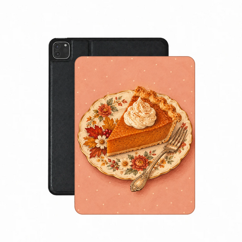 Pumpkin Pie Slice iPad case — slice of pumpkin pie with whipped cream on a floral plate, printed front cover over the plain black back