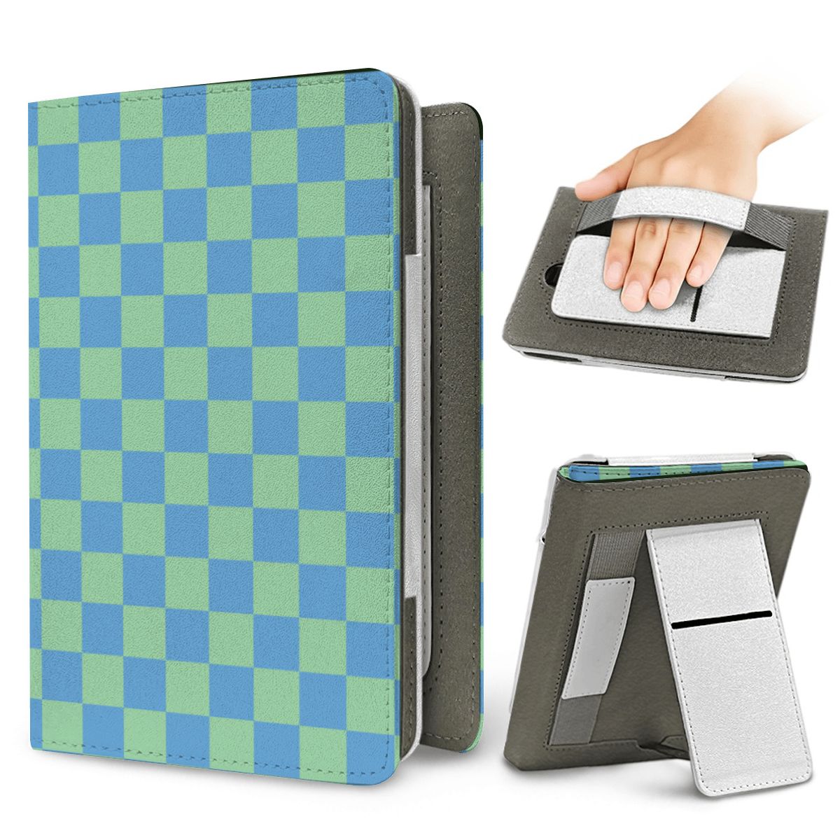 Blue & Green Check Kindle case — elastic hand strap and fold-out stand on the back