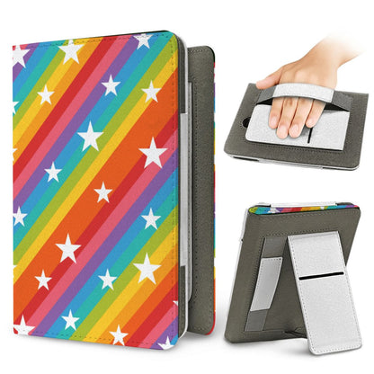 Rainbow Star Stripe Kindle case — elastic hand strap and fold-out stand on the back