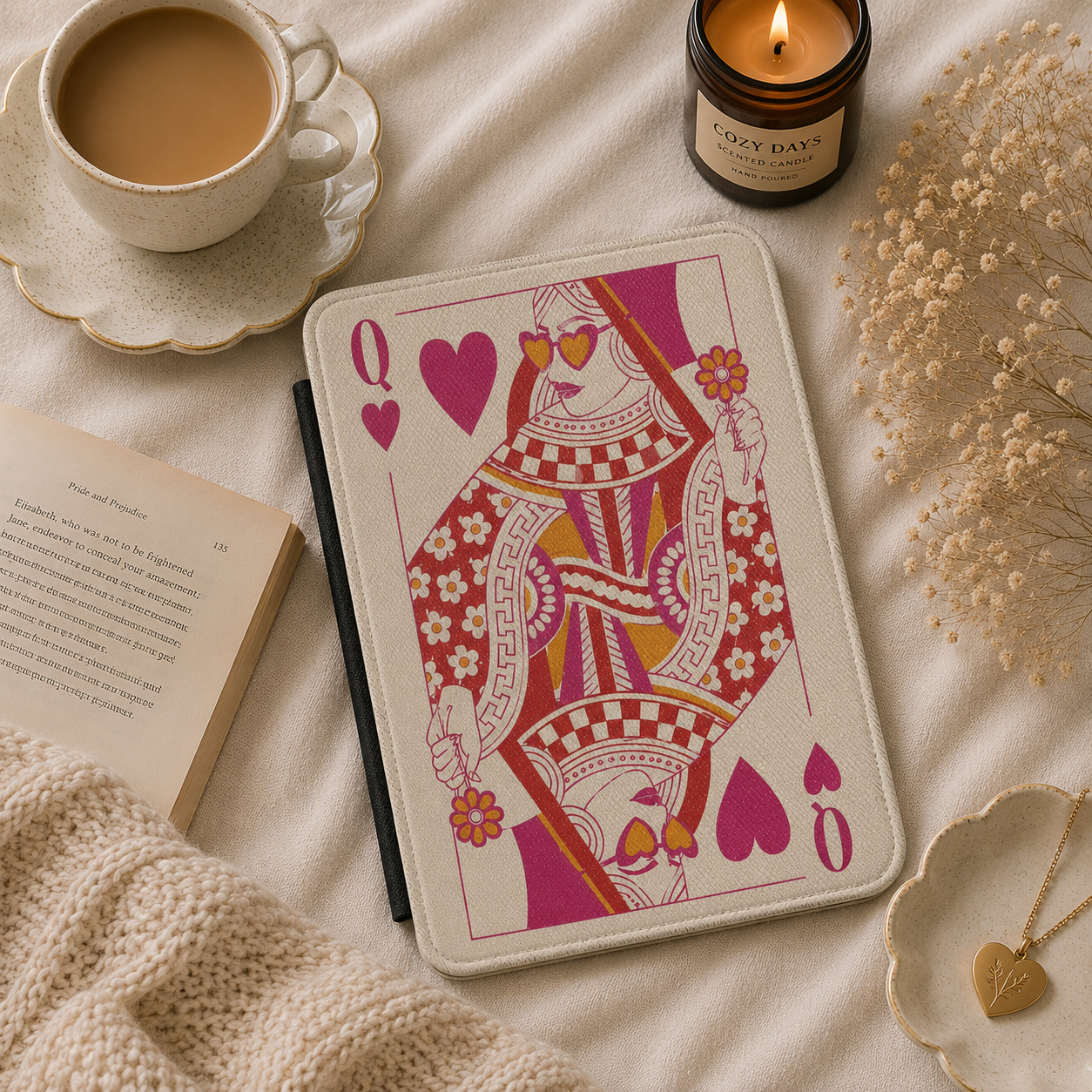 Queen of Hearts Kindle case shown at an angle