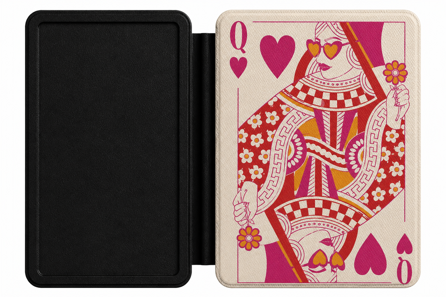 Close-up of Queen of Hearts Saffiano Kindle case