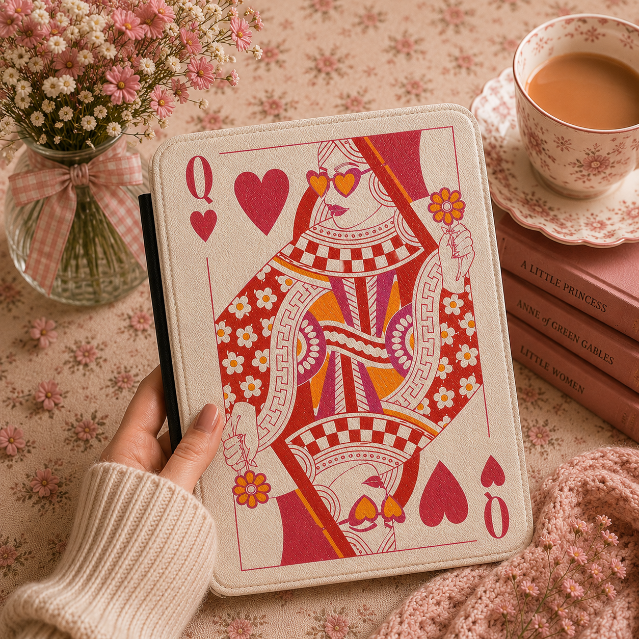 Queen of Hearts Kindle case front cover — playful queen of hearts print