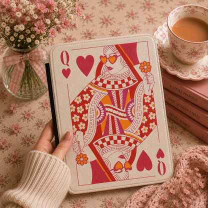 Queen of Hearts Kindle case front cover — playful queen of hearts print