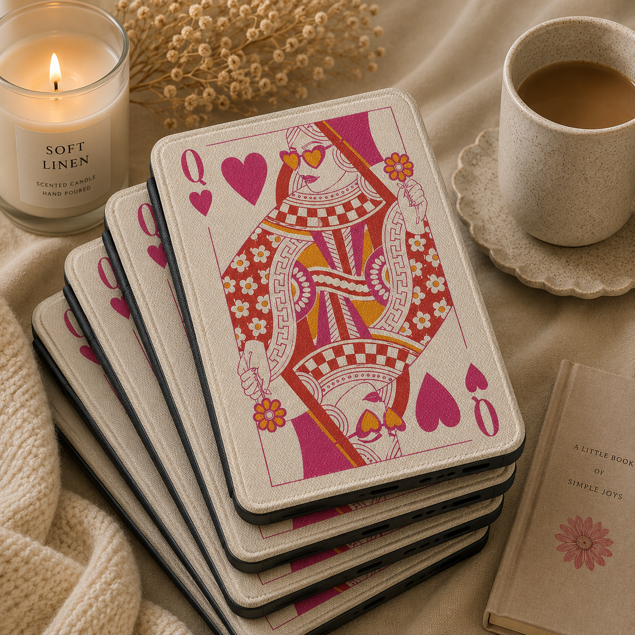 Queen of Hearts Kindle case open showing e-ink Kindle on right interior panel