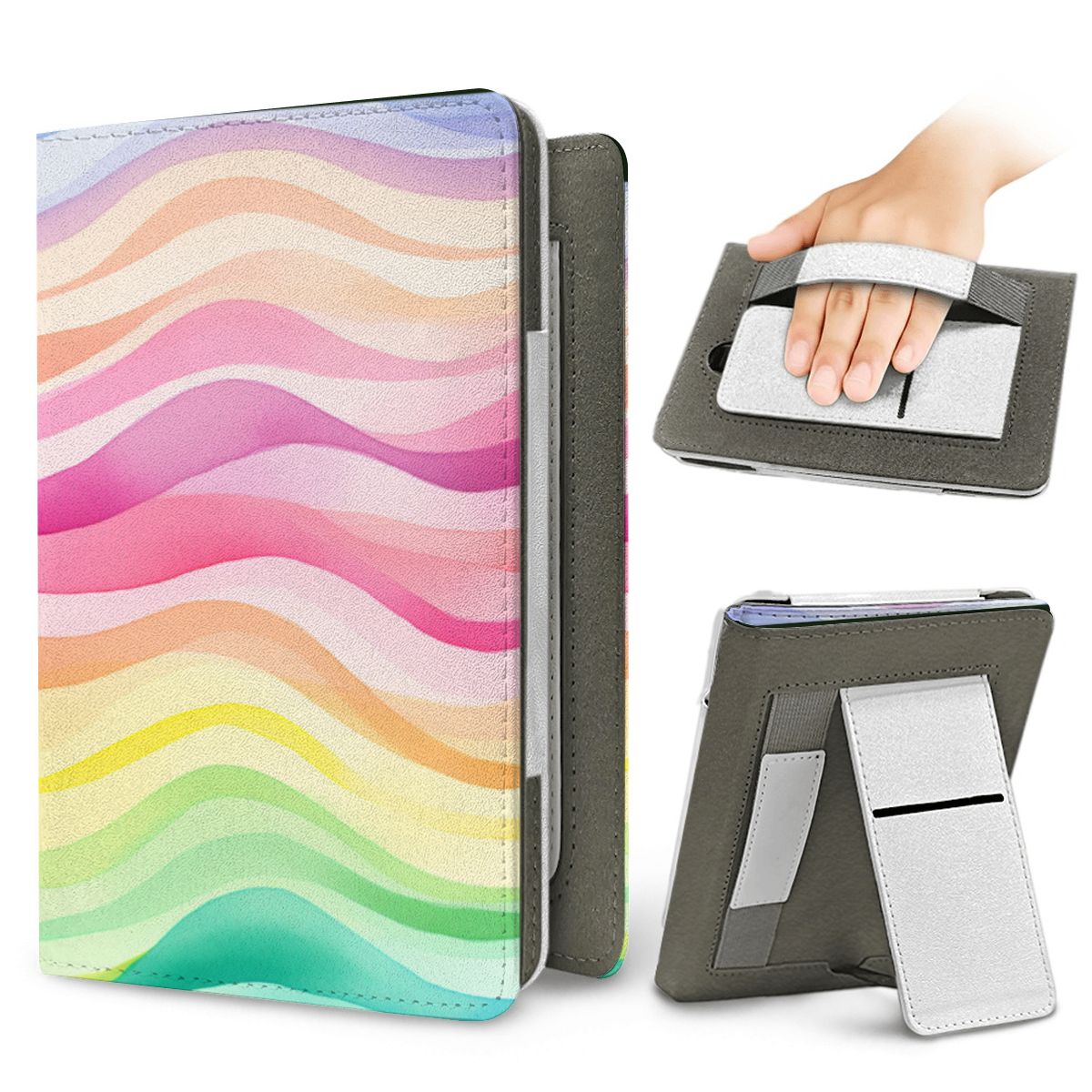 Rainbow Wave Kindle case — elastic hand strap and fold-out stand on the back