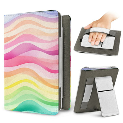 Rainbow Wave Kindle case — elastic hand strap and fold-out stand on the back