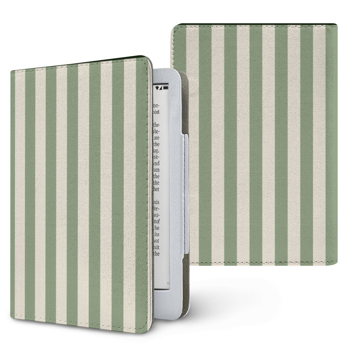 Sage Cream Stripe Kindle case — soft sage green and cream stripes, printed front and back