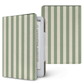 Sage Cream Stripe Kindle case — soft sage green and cream stripes, printed front and back