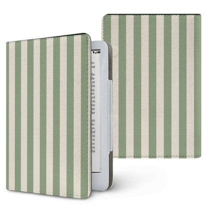 Sage Cream Stripe Kindle case — soft sage green and cream stripes, printed front and back