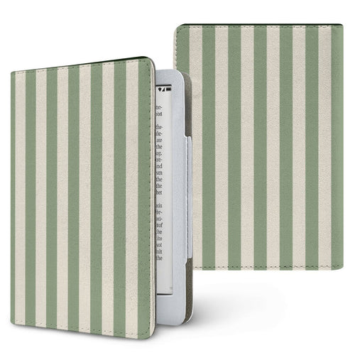 Sage Cream Stripe Kindle case — soft sage green and cream stripes, printed front and back