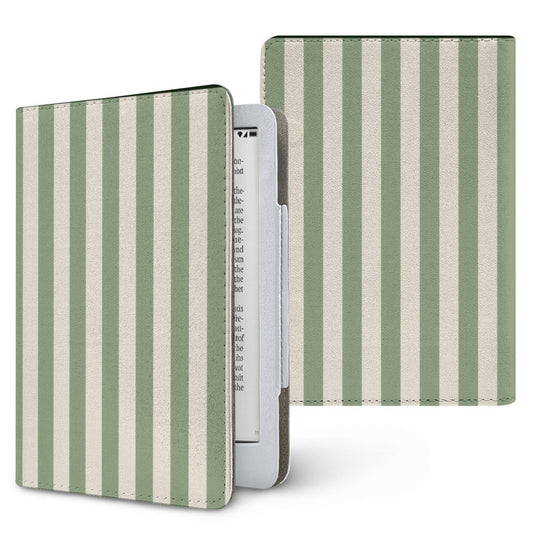 Sage Cream Stripe Kindle case — soft sage green and cream stripes, printed front and back