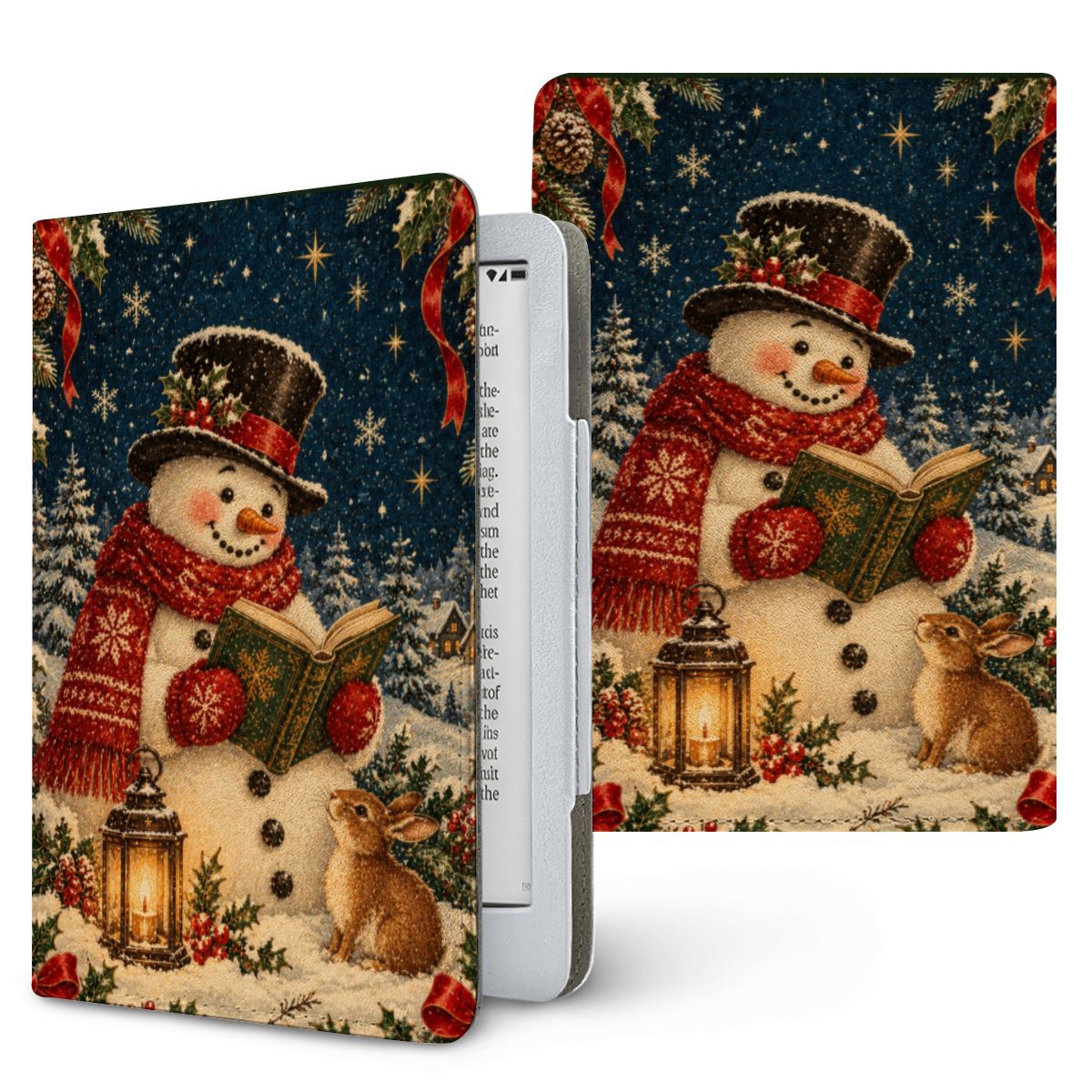 Reading Snowman Kindle case — snowman in a top hat and red scarf reading a book under the stars, printed front and back