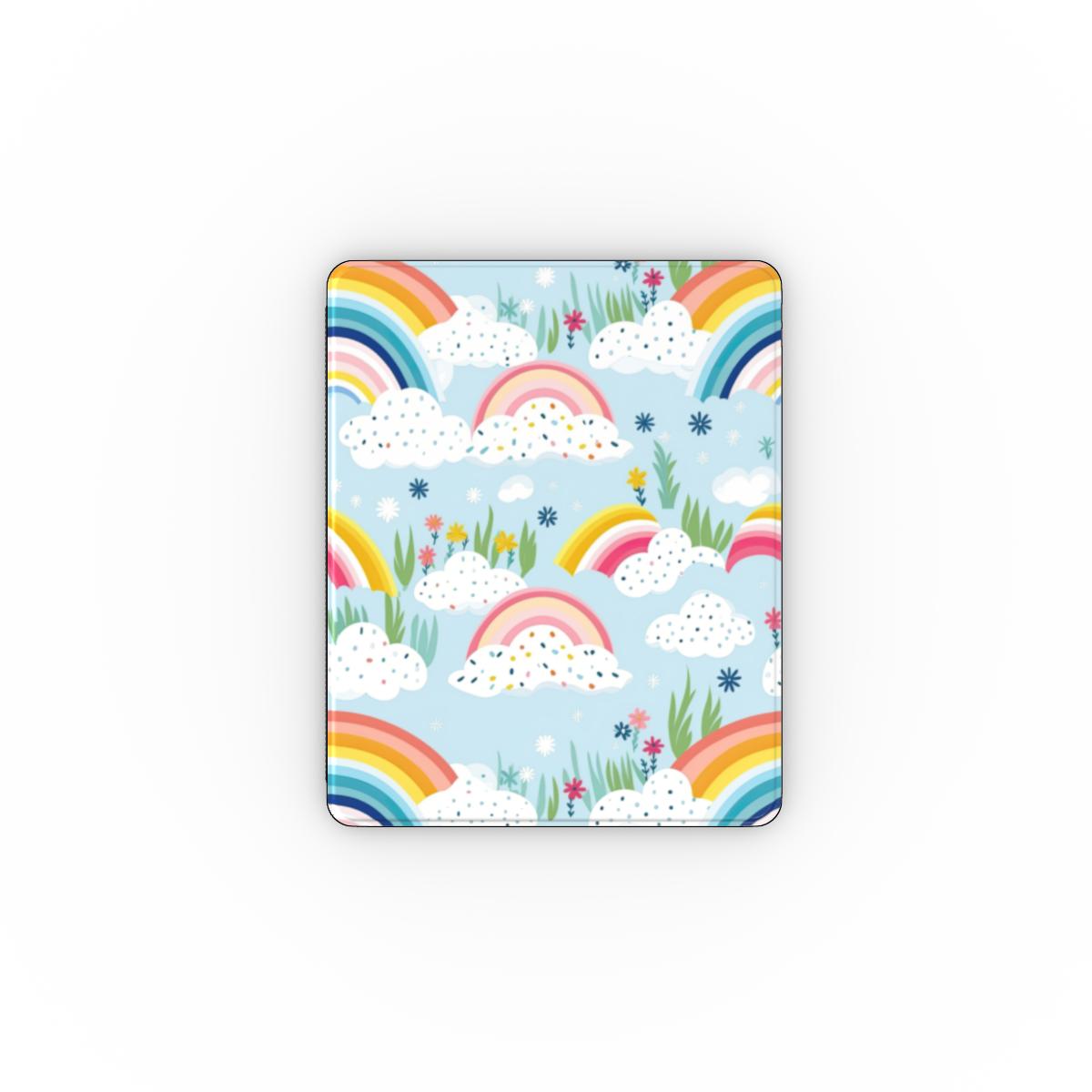 Rainbow meadow iPad case open, showing the stand fold and interior