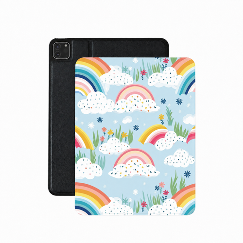 Rainbow meadow iPad case in pale blue with rainbows, clouds and daisies