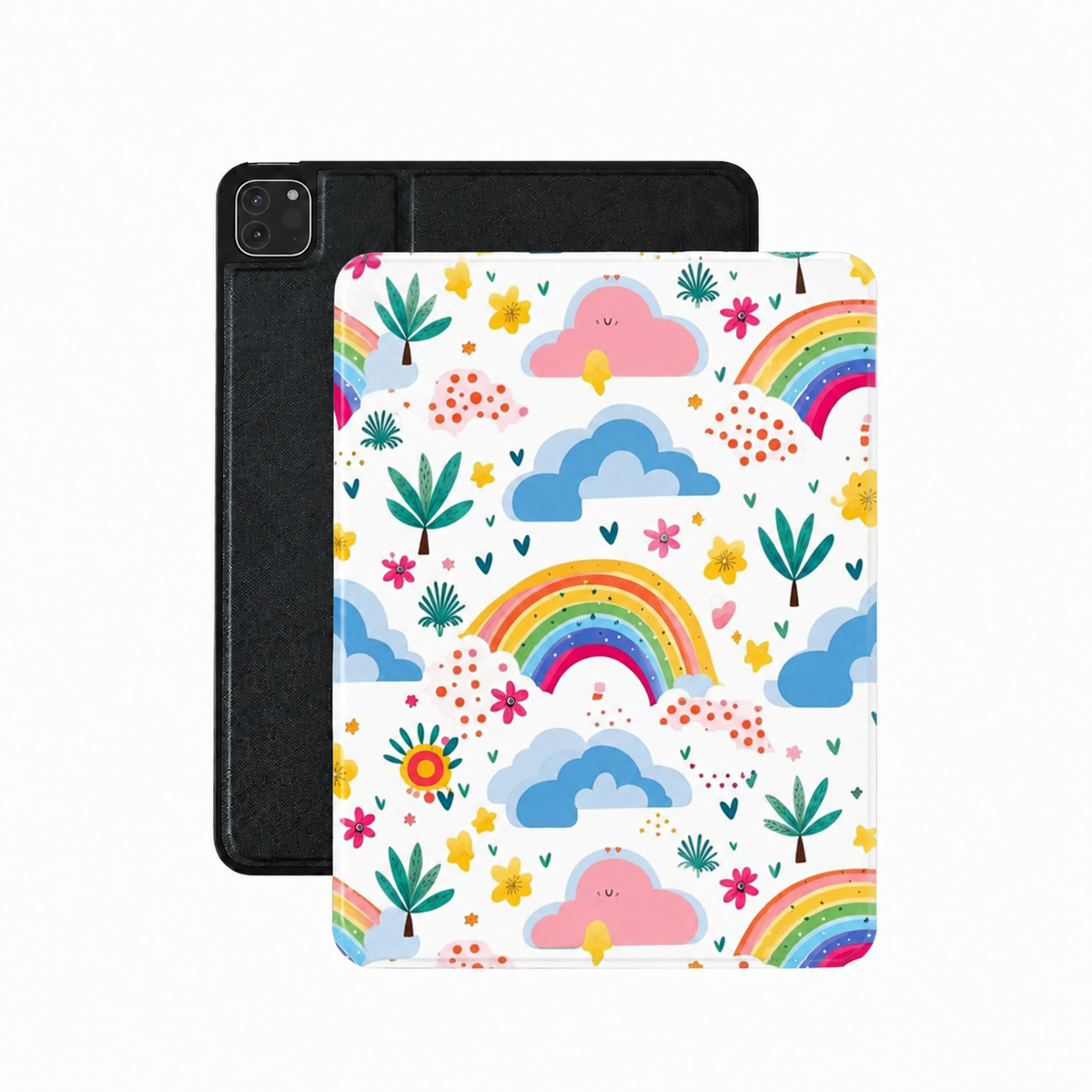 Rainbow sky iPad case in white vegan Saffiano leather — rainbows, clouds and palm trees