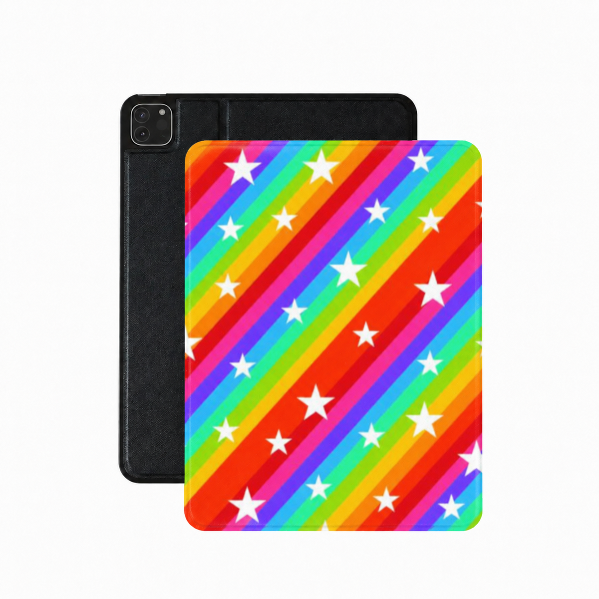Rainbow star stripe iPad case in bright vegan Saffiano leather — diagonal rainbow with white stars