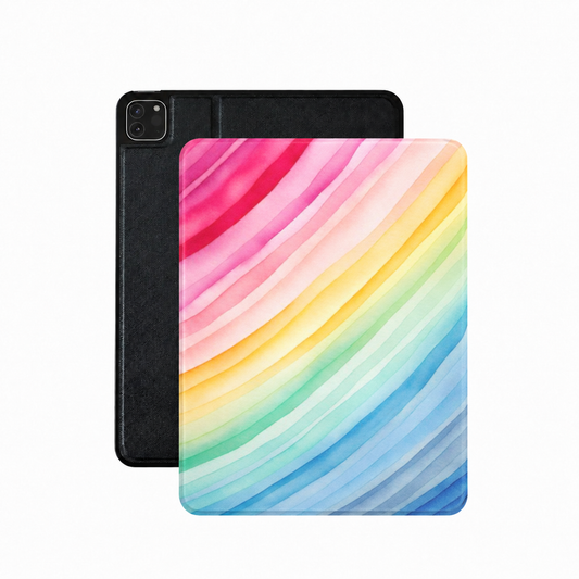 Rainbow watercolor stripe iPad case in vegan leather — diagonal rainbow folio