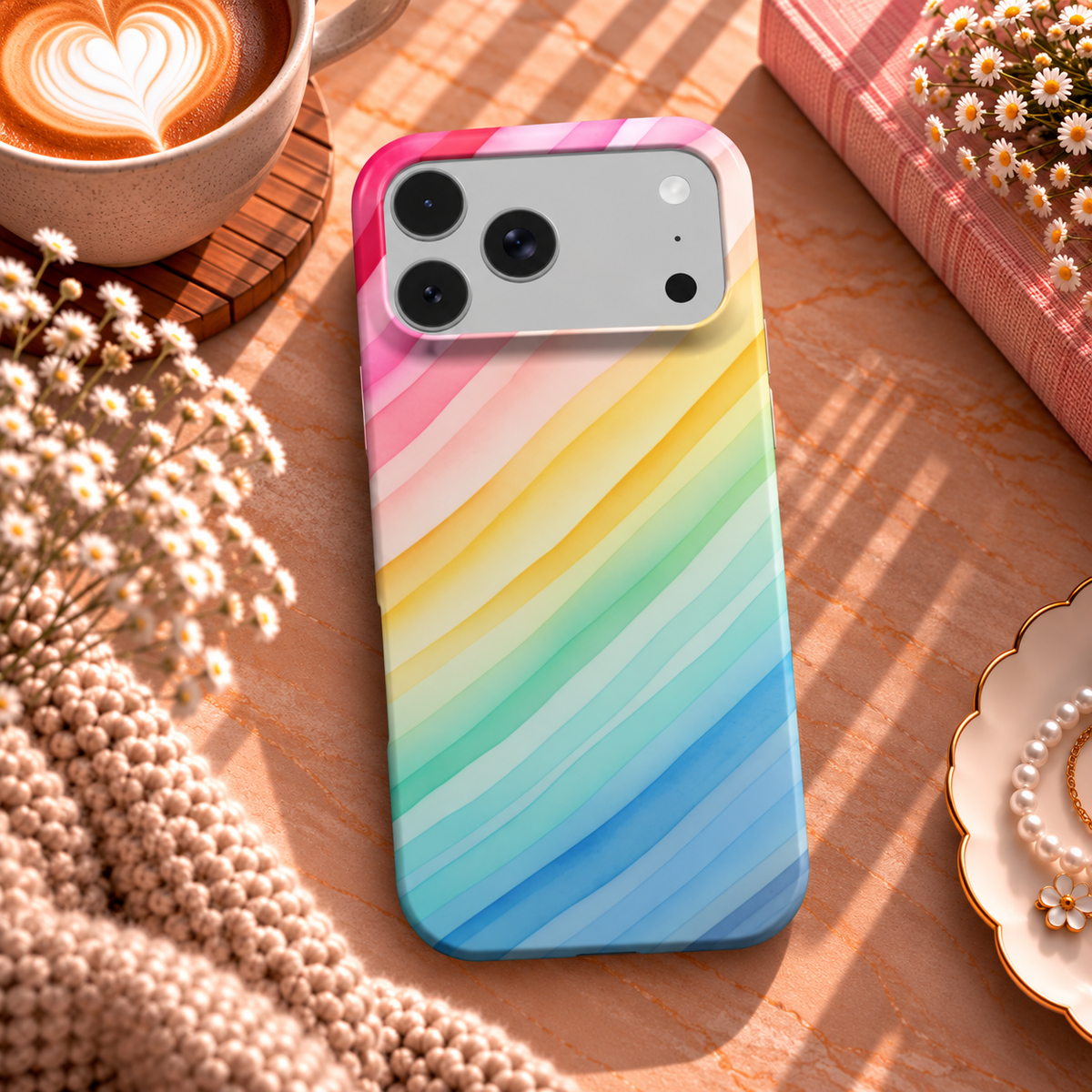 Rainbow Watercolor Stripe phone case – MagSafe iPhone case, lifestyle photo