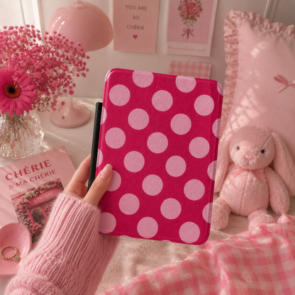 Raspberry polka dot Kindle case front cover close-up — Atelier bold pink print