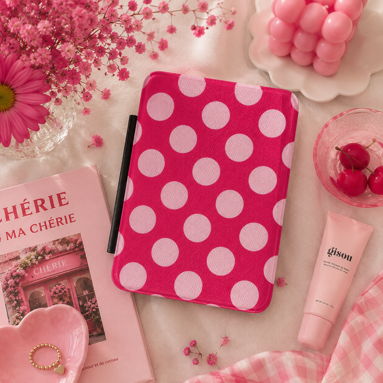 Raspberry polka dot Kindle case with elastic hand strap — Atelier bold pink print