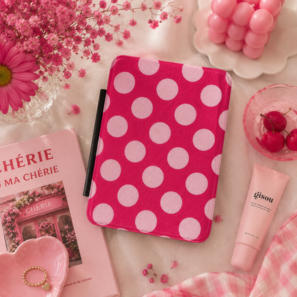 Raspberry polka dot Kindle case with elastic hand strap — Atelier bold pink print