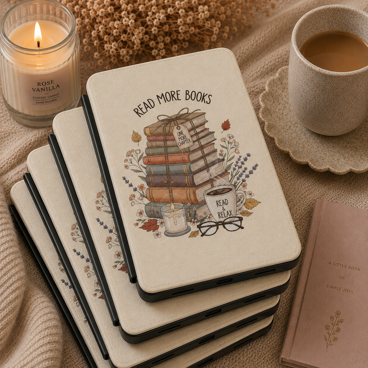 Read More Books cream Kindle case shown at an angle