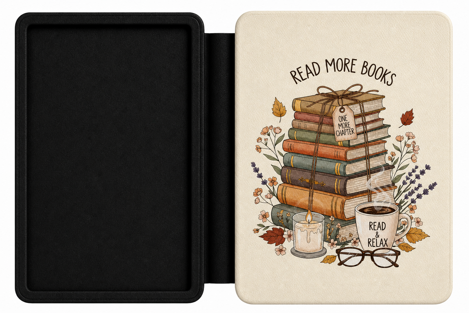Close-up of cream Saffiano Read More Books Kindle case with cozy book-stack illustration