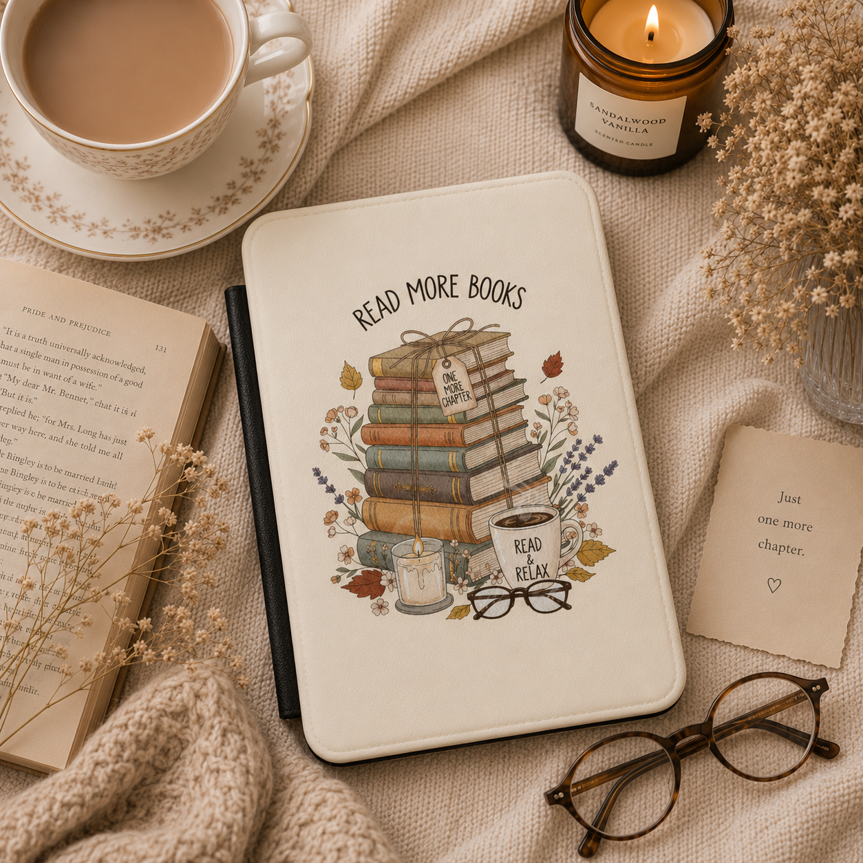 Read More Books Kindle case front cover in cream — cozy painted book stack with wildflowers