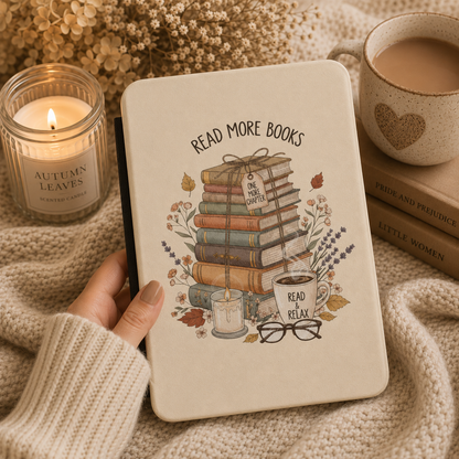Read More Books cream Kindle case open showing e-ink Kindle on right interior panel