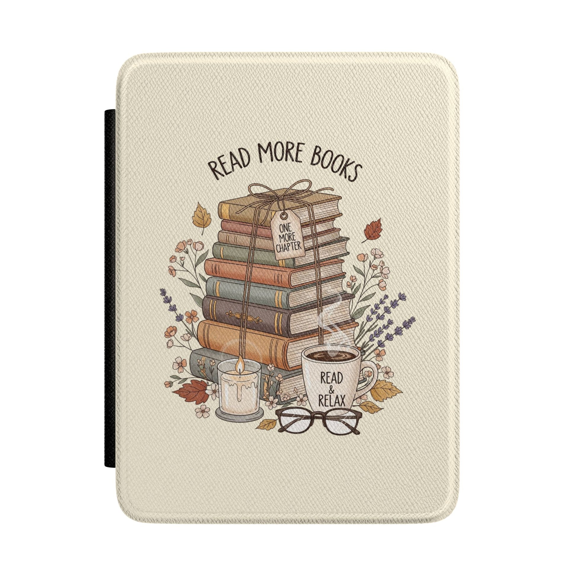 Read More Books Kindle case in cream — cozy painted book stack with wildflowers, candle and mug, Jardin Secret gift for her
