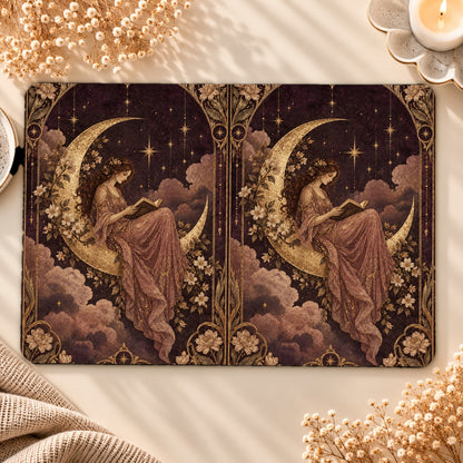 Reader Under the Stars Kindle case opened flat, front and back — woman reading on a gold crescent moon in an art-nouveau frame