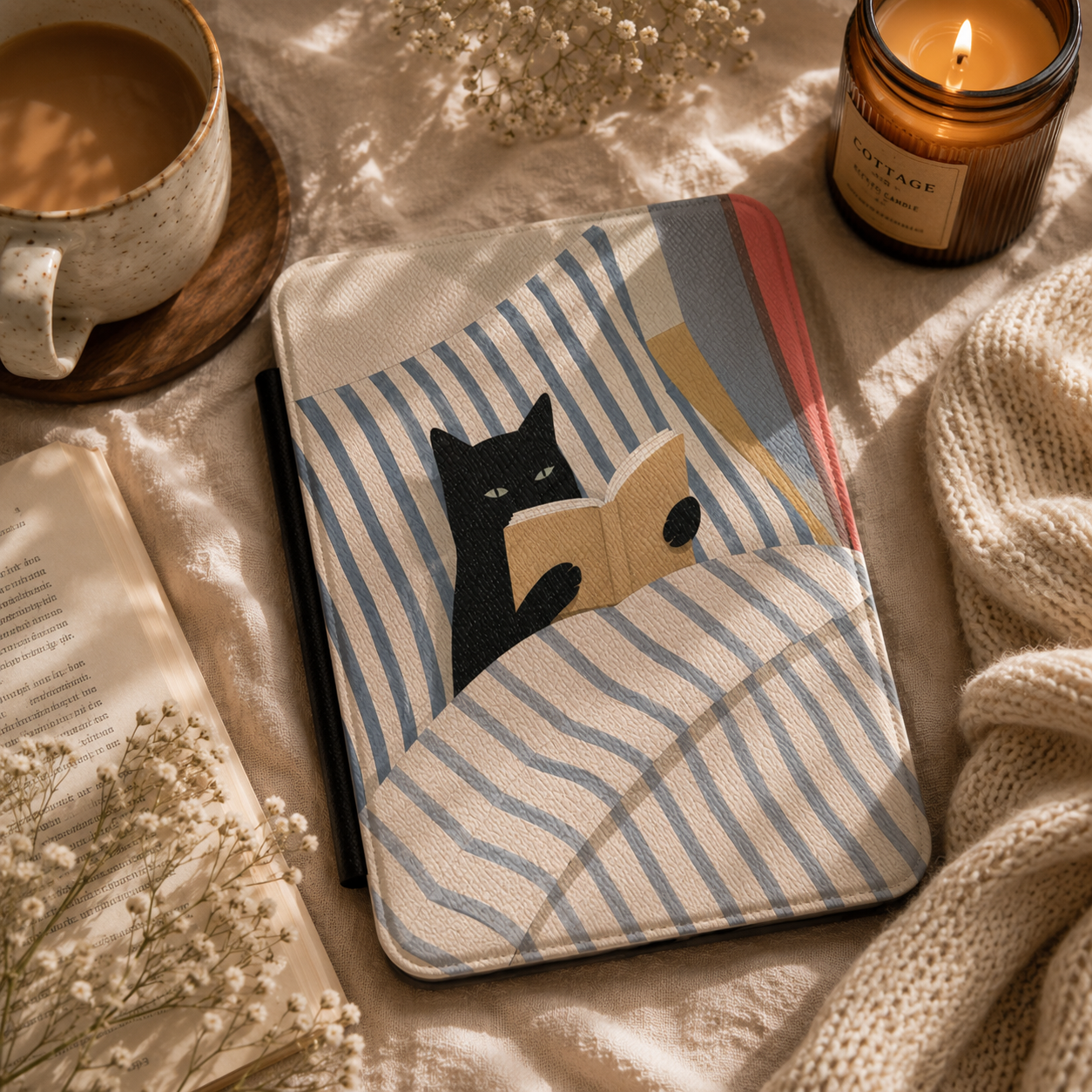 Reading Cat in Bed Kindle case shown at an angle