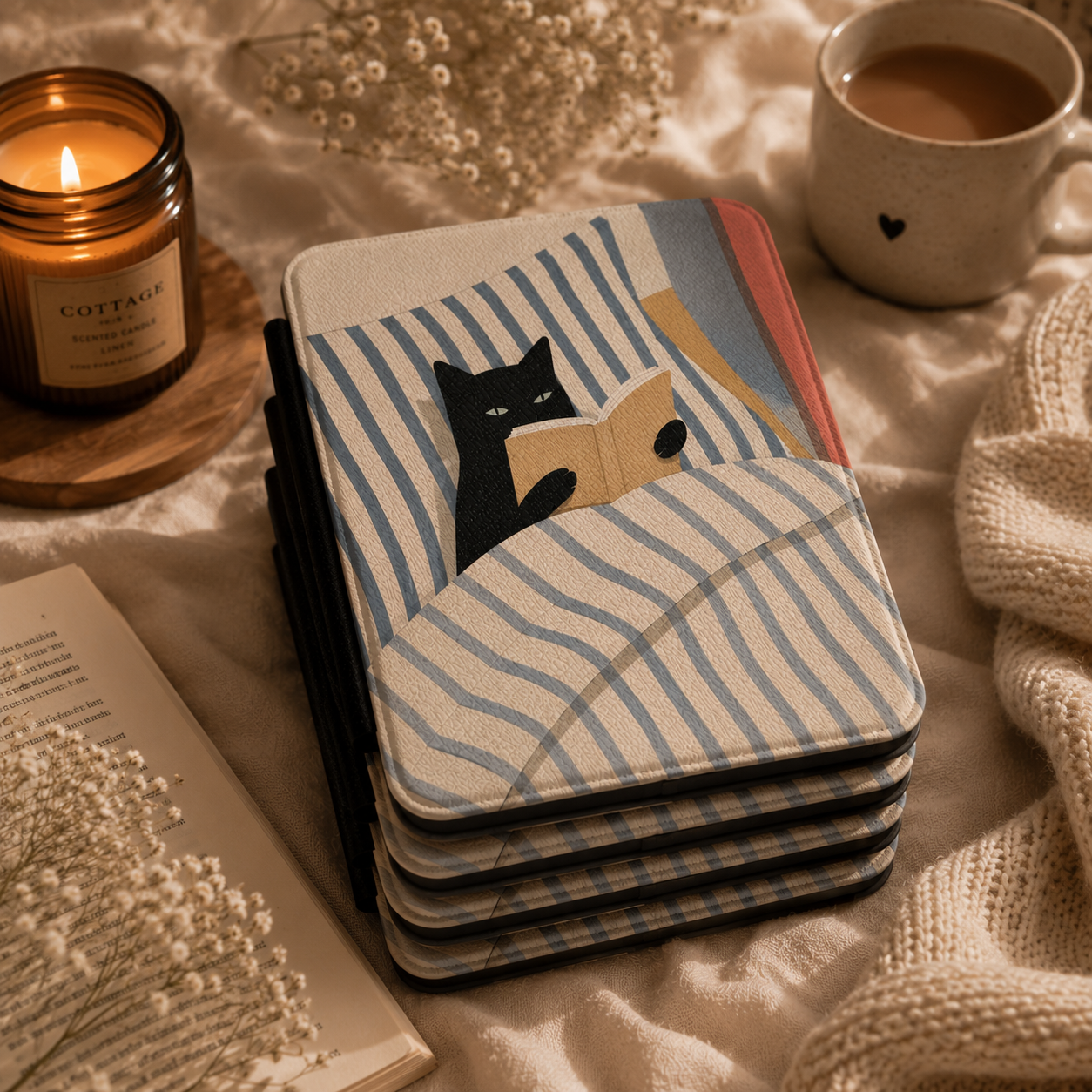 Close-up of Reading Cat in Bed Saffiano Kindle case