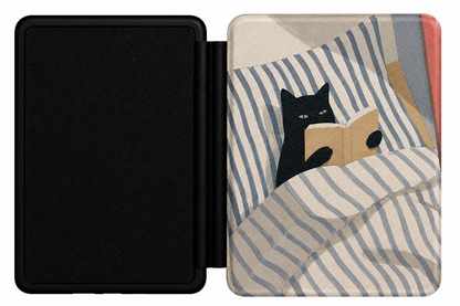 Reading Cat in Bed Kindle case front cover — cozy cat reading print