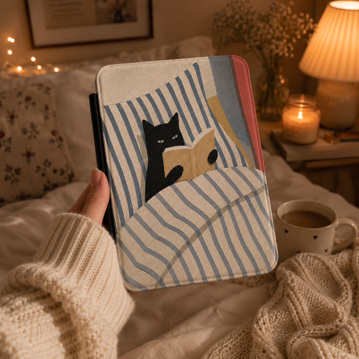 Reading Cat in Bed Kindle case open showing e-ink Kindle on right interior panel