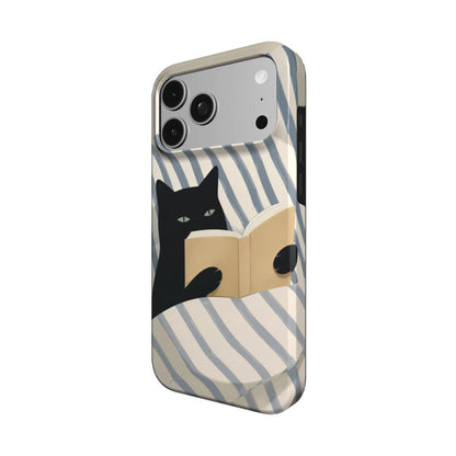 Reading Cat in Bed phone case – MagSafe iPhone case, angled view