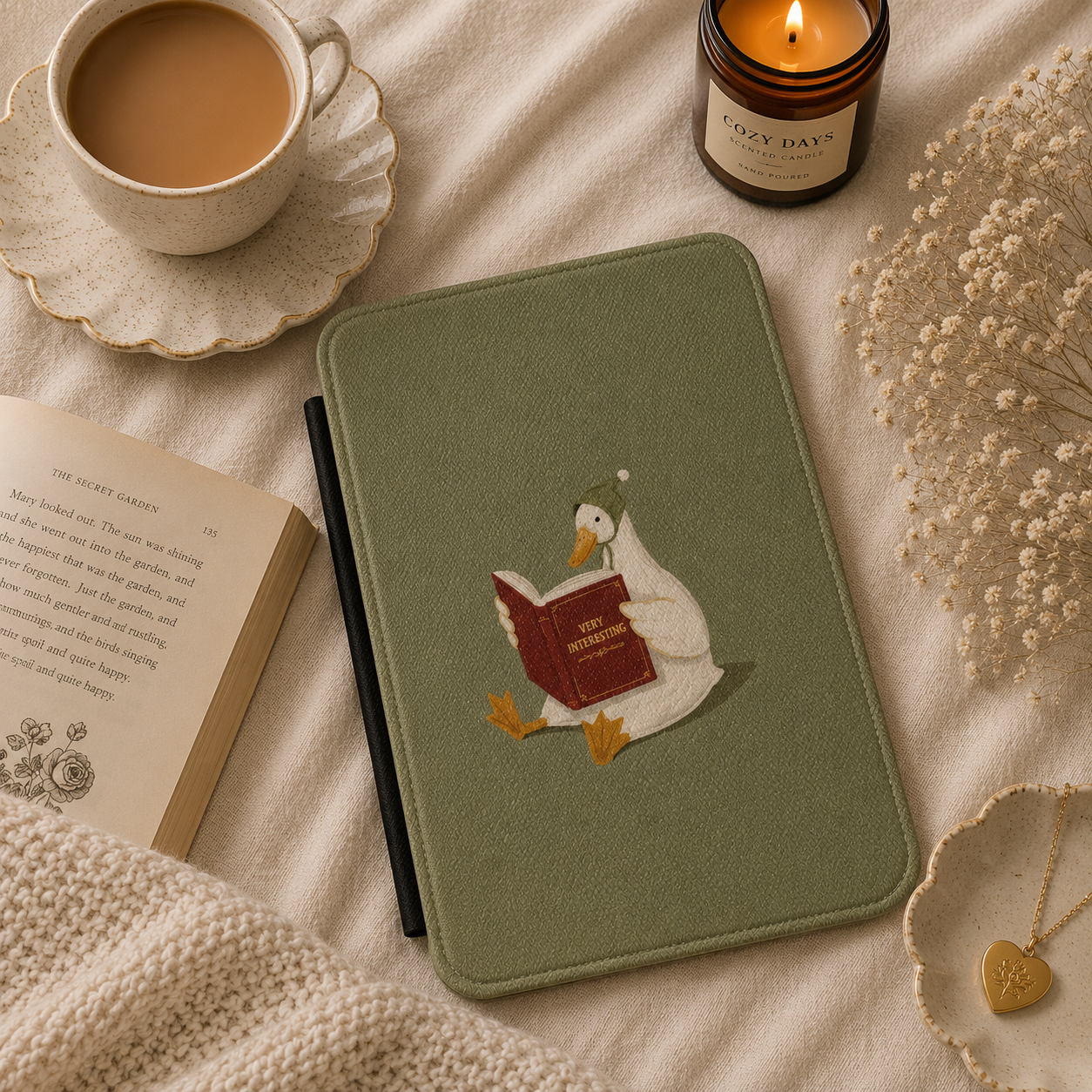 Reading Duck Kindle case front cover — reading duck print