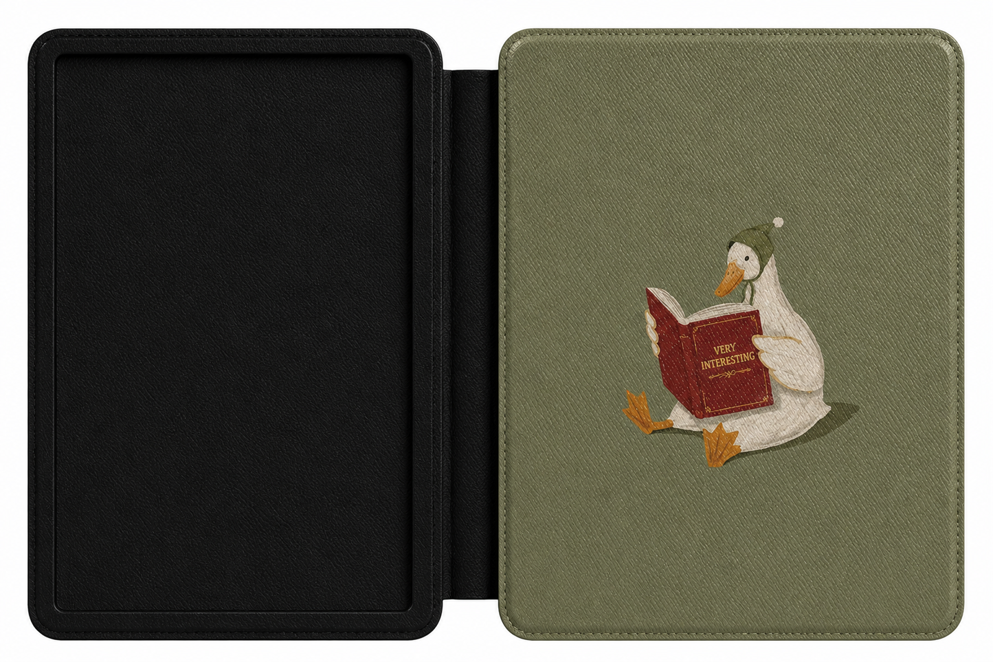 Reading Duck Kindle case open showing e-ink Kindle on right interior panel